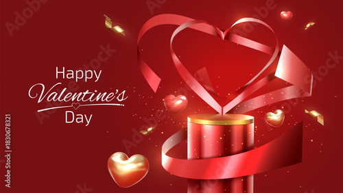 Empty gold podium with red heart shaped ribbon and cute pink 3D heart elements on red background. Romantic product display banner template.