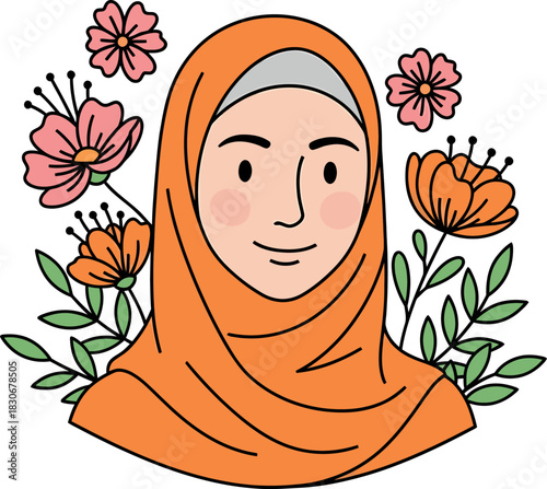 Illustration of a smiling Muslim woman wearing an orange hijab surrounded by colorful flowers and green leaves.