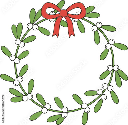 A festive cartoon illustration of a circular mistletoe wreath featuring green leaves and white berries, topped with a red ribbon bow.
