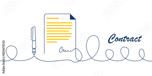 Minimal continuous line art illustration of a contract document with signature and fountain pen, representing agreement, legal paperwork, and business signing