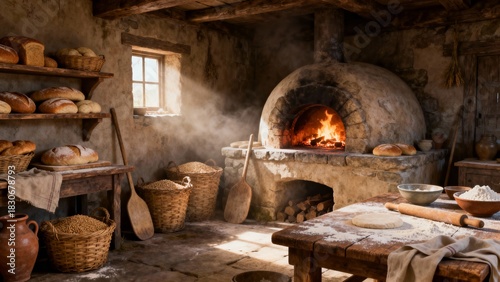 3d medieval rural bakery with stone bread oven, wooden shelves, loaves, dough and flour-dusted tables, lit by warm firelight. rustic historical interior, no people.