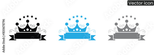 Elegant crown icon set in black, blue and gray with a ribbon banner, perfect for any royalty-themed brand, logo, or design needing a touch of class and sophistication.