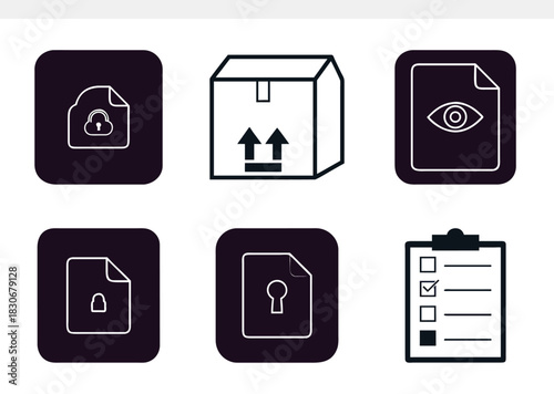A collection of outlined vector icons representing various concepts related to data management, security, logistics, and task organization, suitable for digital interfaces and informational graphics