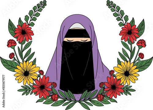 Illustration of a woman wearing a niqab and hijab, framed by a floral wreath with red, yellow flowers and green leaves.