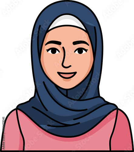 Smiling young Muslim woman wearing a dark blue hijab and pink top, depicted in a friendly cartoon illustration.