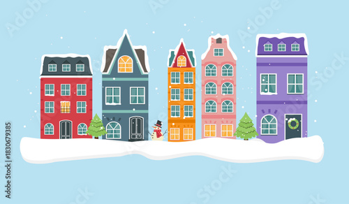 Holiday Village illustration. City, houses, Christmas trees, snow. New Year and Christmas symbols.