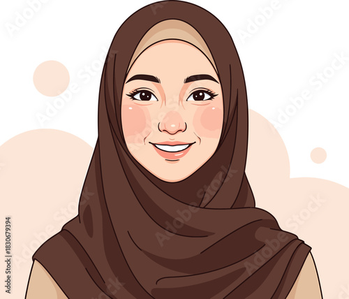 Smiling young Muslim woman wearing a brown hijab in a friendly cartoon illustration.