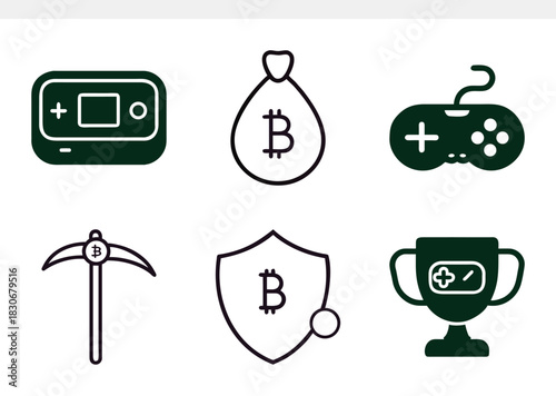 Digital concept icons representing gaming and cryptocurrency, featuring a handheld console, game controller, bitcoin money bag, mining pickaxe, bitcoin shield, and a gaming trophy