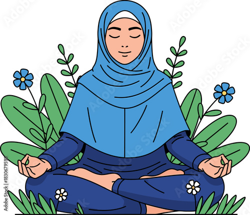A peaceful Muslim woman meditating in a lotus position, surrounded by lush green plants and delicate flowers.