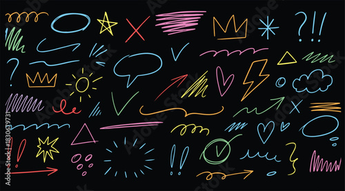 Pencil color crayon line element set. Hand drawn scribble chalk pencil stroke colorful swirl, flower, cloud and arrow shape with crayon rough texture. Children black background  vector art 