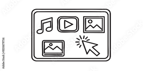 Display with pictures, music, movie and cursor thin line icon, data hoarding concept. Vector graphics. Screen of multimedia sign on white background, style icon mobile or web design