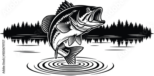 Jumping Largemouth Bass Fishing Logo Template, Trout Fish Leaping Out of Water with Forest Background, Vintage Vector Illustration