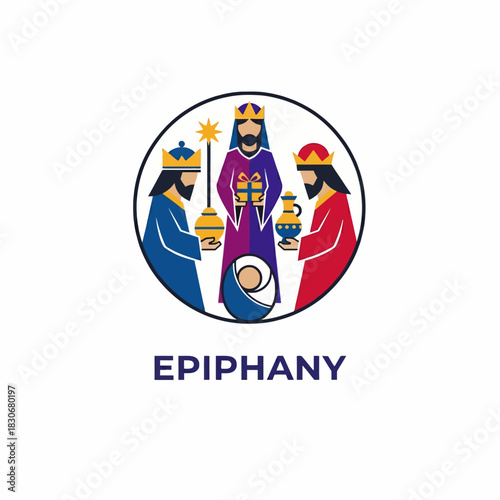 Three Wise Men Offering Gifts to Baby Jesus Epiphany Celebration.