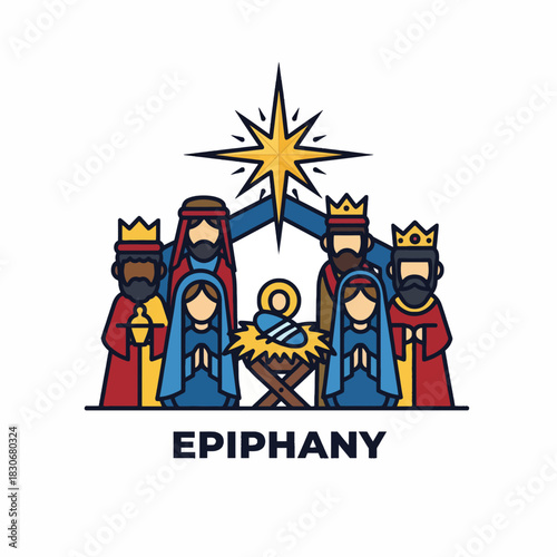 Epiphany Nativity Scene with Three Wise Men and Holy Family.