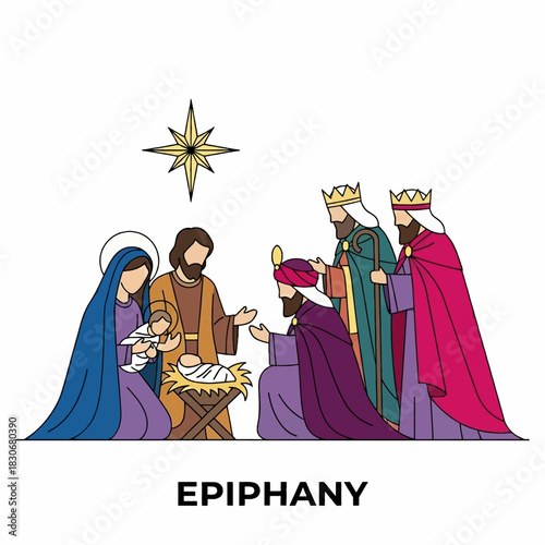 Epiphany Nativity Scene with Mary, Joseph, Baby Jesus, and Three Wise Men.