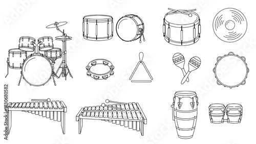 A Collection of Twelve Outlined Black Percussion Instruments in Line Art Style