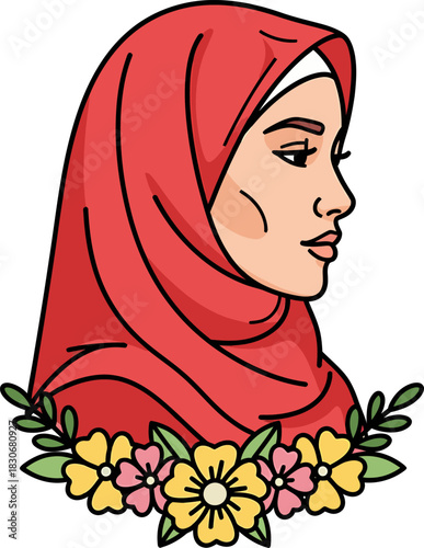 A beautiful cartoon illustration of a Muslim woman in a red hijab, seen in profile with a floral arrangement.