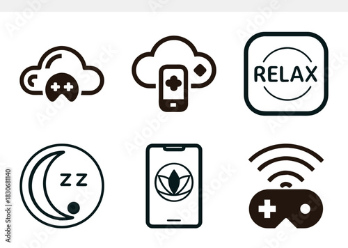 A collection of modern digital service icons, including cloud gaming, mobile health, wellness, relaxation, sleep, and wireless game controller, isolated on