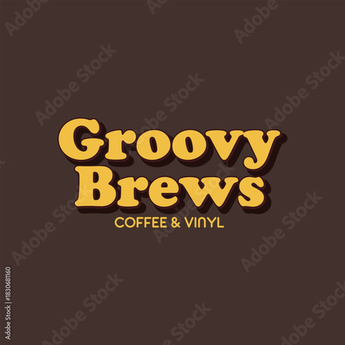 Groovy brews coffee and vinyl retro cafe shop logo design, vintage 70s style branding artwork
