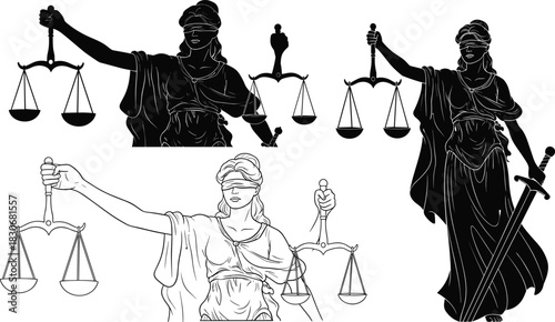 Lady Justice Set of Silhouettes and Outline Drawings, Blindfolded Themis Holding Scales and Sword, Law and Legal System Vector Icons
