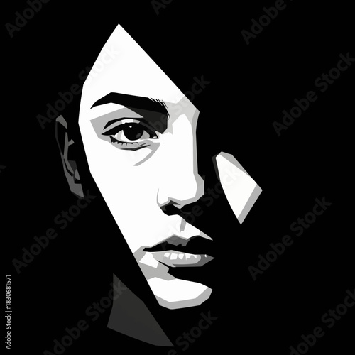 Striking black and white portrait of a womans face with dramatic lighting.