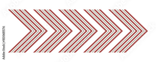 Christmas swipe arrow with repeating chevron stripes in red and green. Festive holiday directional element for winter themes, navigation banners, decorative layouts, seasonal designs