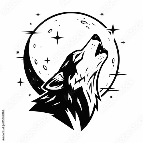 Stylized black and white illustration of a majestic wolf howling.