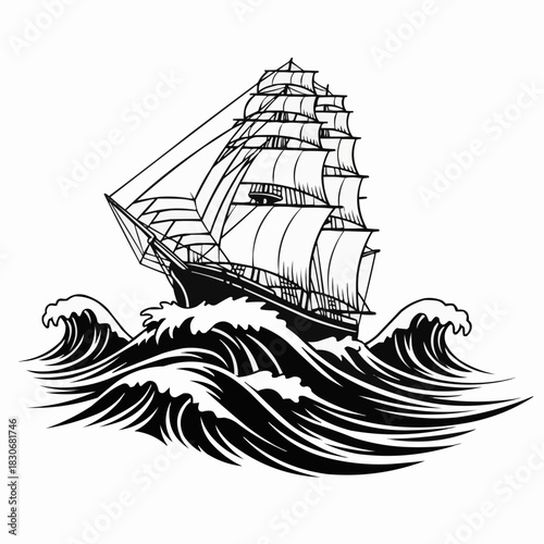 Vintage tall sailing ship navigating stormy ocean waves illustration.