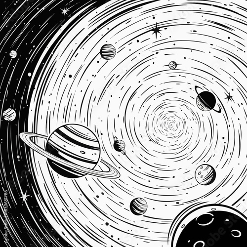 Celestial bodies and cosmic rings swirling in a vast galaxy.