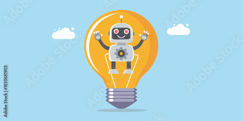 Cute robot character inside a glowing light bulb with clouds