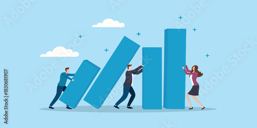 Business team working together to build and support a growing financial graph