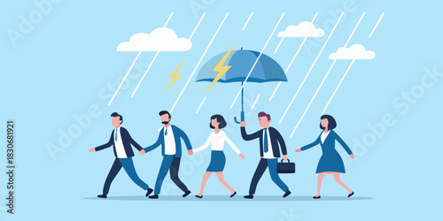 Business team walking together under an umbrella during a storm with lightning
