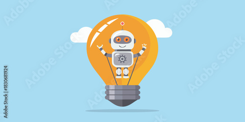 Cute robot character inside a bright light bulb with clouds