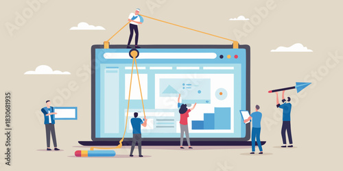 Team building a website interface on a laptop screen