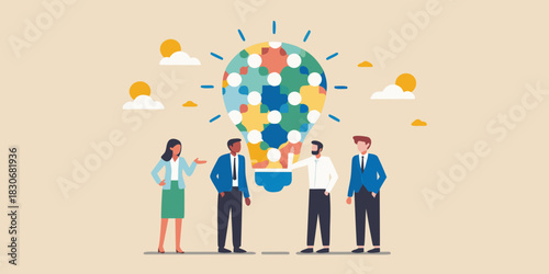 Diverse team collaborates to create a bright idea lightbulb innovation