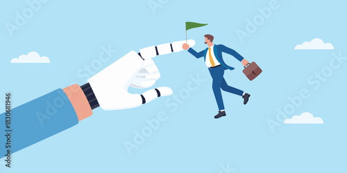 Robot hand guiding businessman holding flag towards success