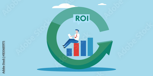 Businessman sitting on bar chart reviewing roi with circular arrow representing growth