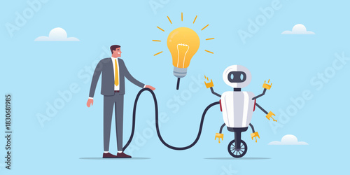 Businessman connecting a robot to a bright idea light bulb