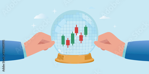 Hands holding a crystal ball with stock market candlestick chart inside