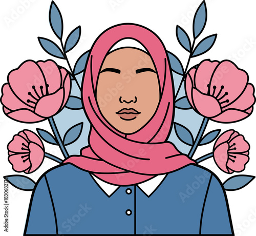 A stylized portrait of a serene woman in a pink hijab, framed by pink flowers and blue foliage.