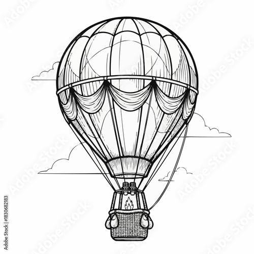 Detailed Hot Air Balloon Line Art Drawing.