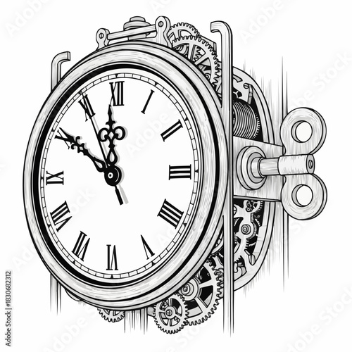 Intricate Steampunk Clockwork Mechanism with Roman Numerals and Winding Key.