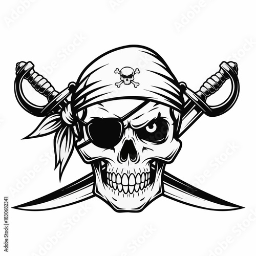 Pirate Skull with Crossed Swords and Bandana.