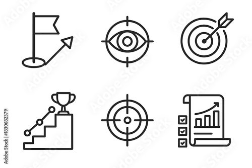Business strategy icons: target, goal, success, eye, growth, focus