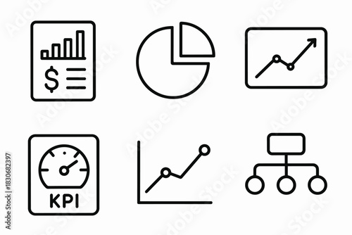 Business and data analytics icons: charts, graphs, and kpi dashboard