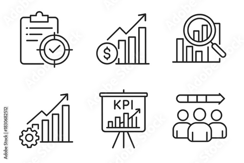 Business growth and kpi analysis icons with graphs and charts