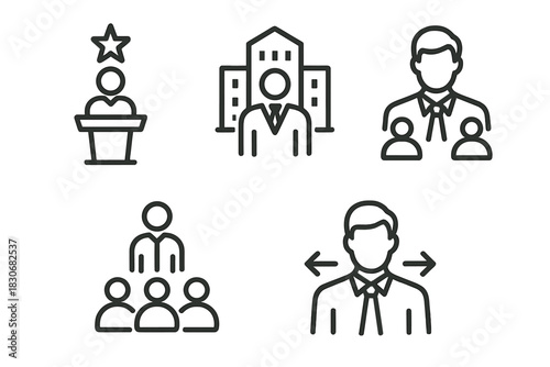 Leadership icons: businessman, teamwork, presentation, direction