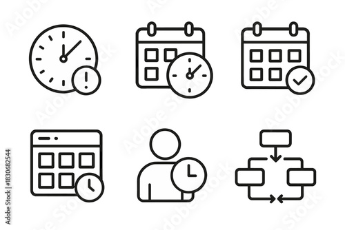 Time management icons: clock, calendar, workflow, and user symbols