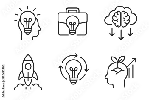 Innovation and creativity concept icons: lightbulb, brainstorming, growth