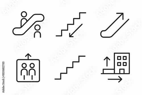 Minimalistic icons of elevators, escalators, and staircases for directions
